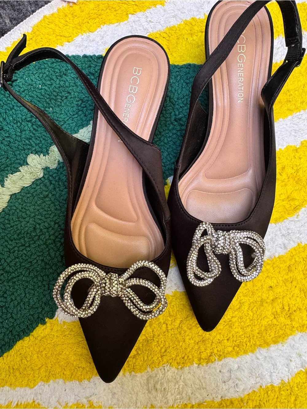 BCBGeneration Black Satin Rhinestone Bow Slingback Kitten Heels (Size 6.5)